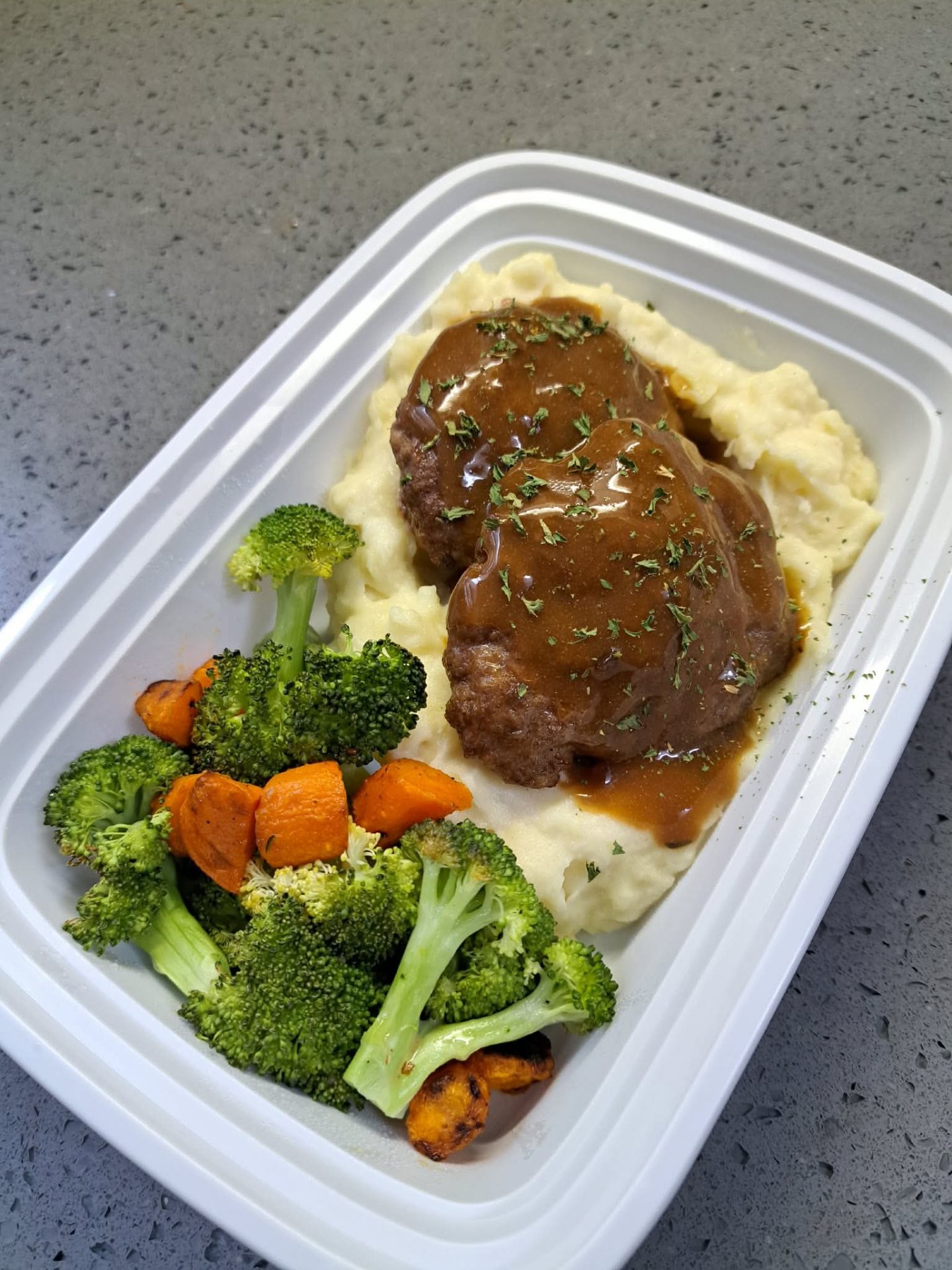 Hamburger Steak Mashed Potatoes Gravy & Roasted Veg